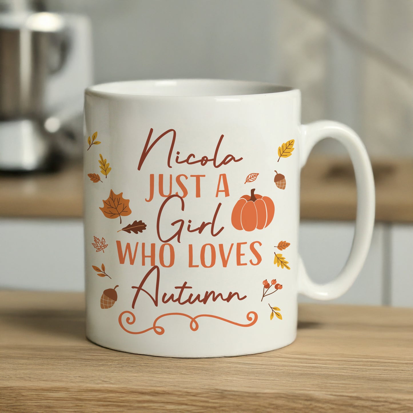 White personalised mug with autumn-themed text and graphics