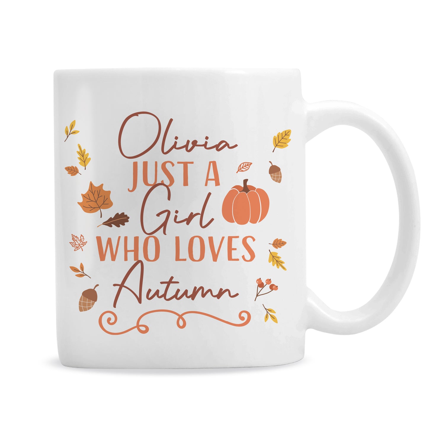 White personalised mug with autumn-themed text and graphics