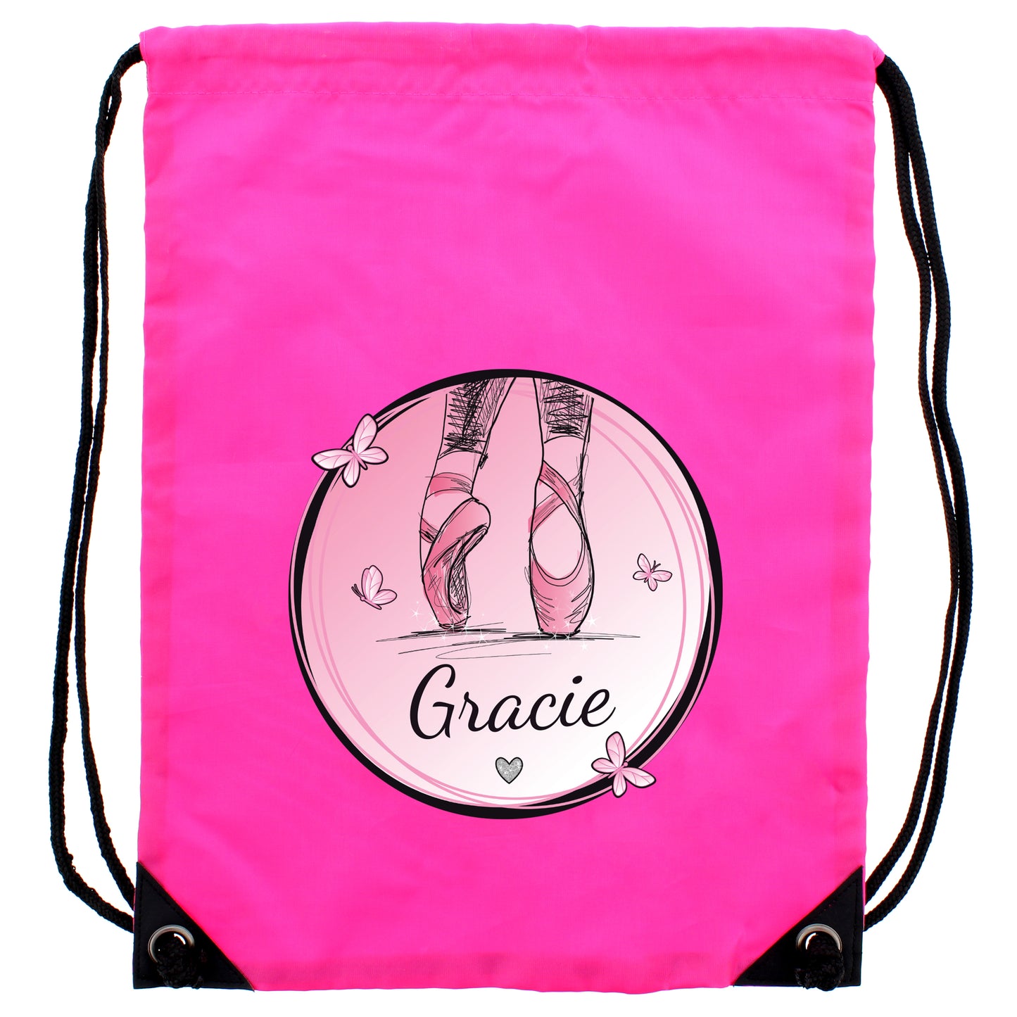 Pink drawstring bag with ballet-themed design and 'Gracie' text on a white background