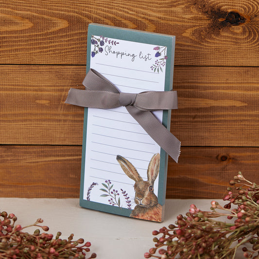 Slim Hare design Magnetic shopping list with grey ribbon bow.