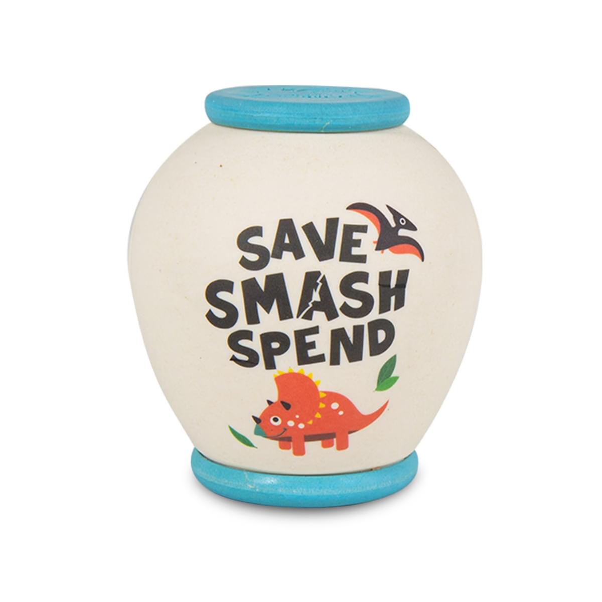 Reverse of Smash Pot showing text SAVE SMASH SPEND and colourful character image.