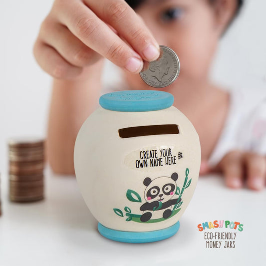Small Smash Pot money box for single use. Once full smash and then bury in the compost. In ivory with blue top and base. Colourful cute panda image. Create your own name.