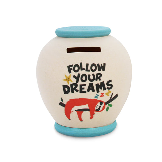 Follow Your Dreams single use large Smash Pot with colourful sloth image. Ivory with blue top and base. Once full, smash, empty and then bury pot in the compost heap!