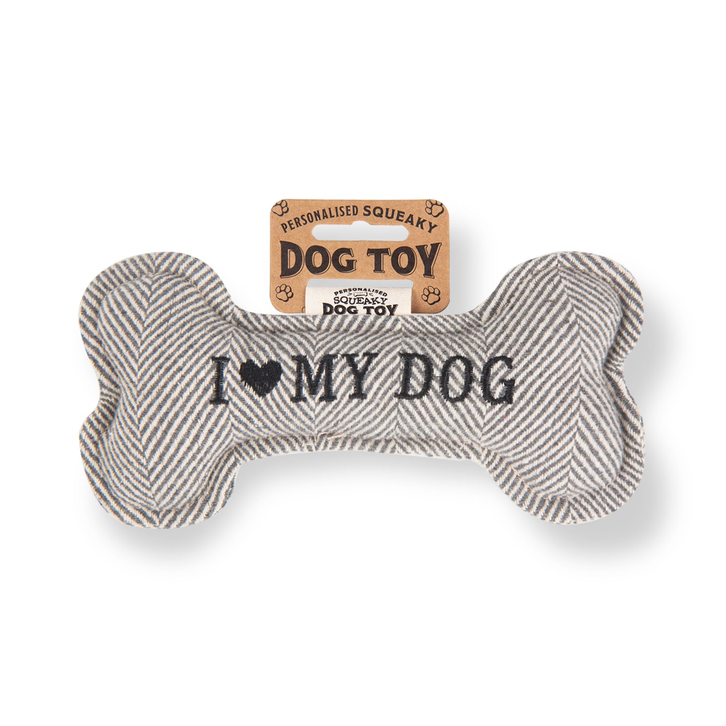 I Love My Dog Squeaky Toy shown with cardboard hanger. Designed for play but not indestructible.
