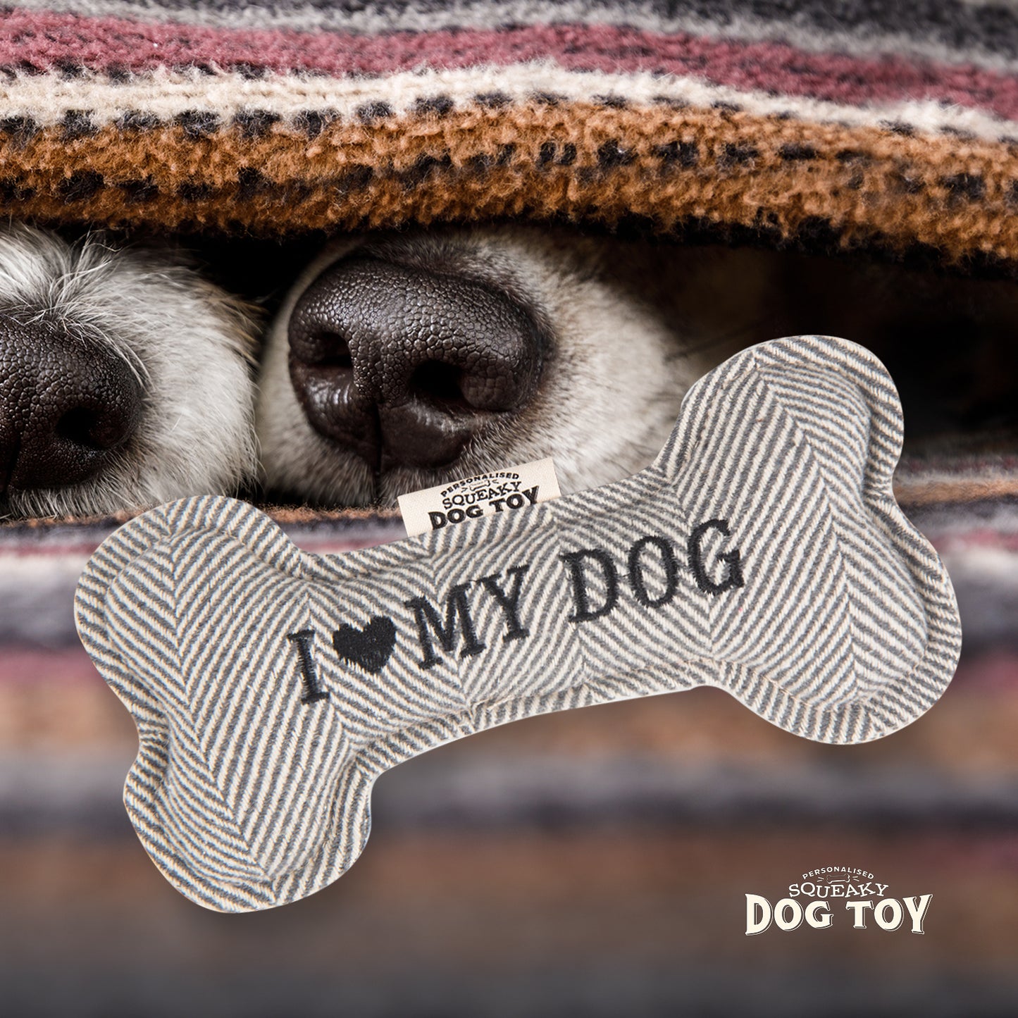 I Love (in heart icon) My Dog bone shaped Squeaky Toy in herringbone tweed fabric. Contains squeaky toy.