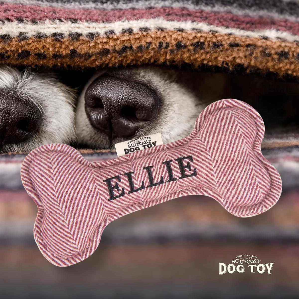 Named Squeaky Dog Toy- Ellie. Bone shaped herringbone tweed pattern dog toy.