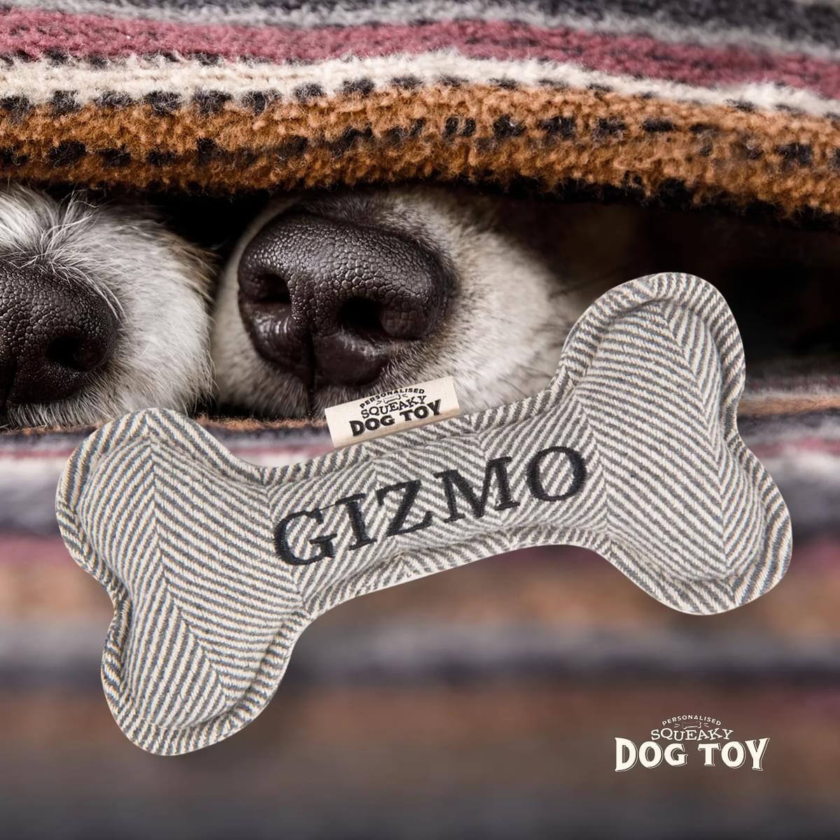 Named Squeaky Dog Toy- Gizmo. Bone shaped herringbone tweed pattern dog toy.