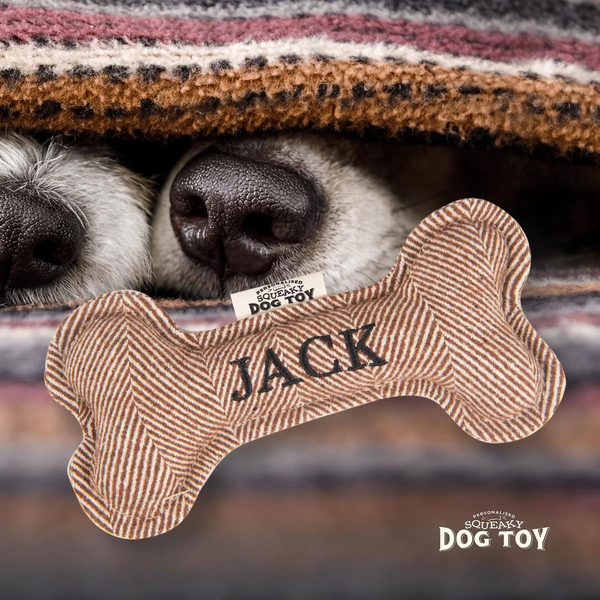 Named Squeaky Dog Toy- Jack. Bone shaped herringbone tweed pattern dog toy.