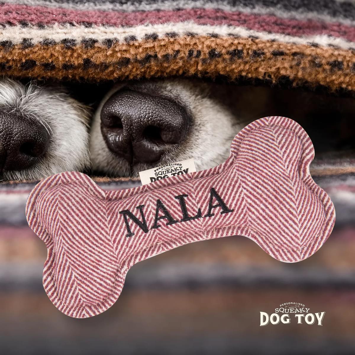 Named Squeaky Dog Toy- Nala. Bone shaped herringbone tweed pattern dog toy.