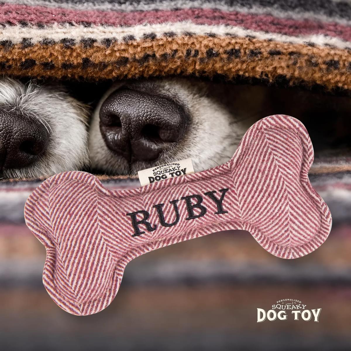 Named Squeaky Dog Toy- Ruby. Bone shaped herringbone tweed pattern dog toy.