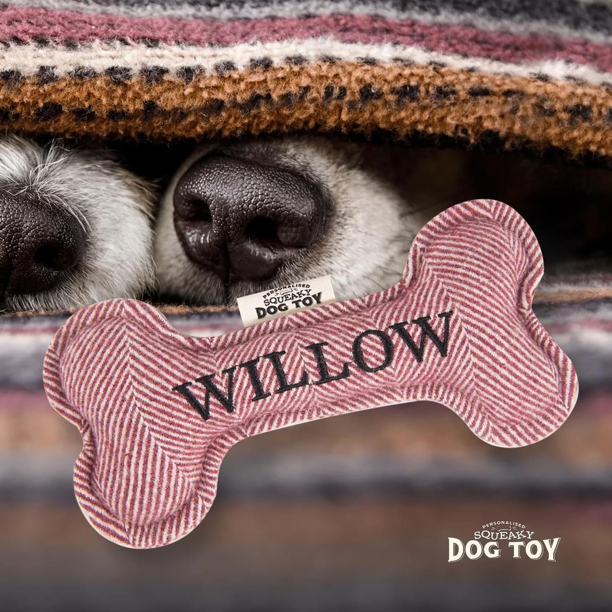 Named Squeaky Dog Toy- Willow. Bone shaped herringbone tweed pattern dog toy.