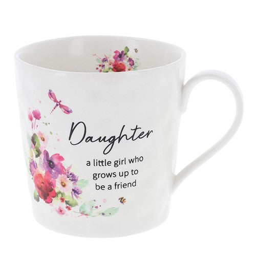 Wildflower Blossom Mug For Daughter in porcelain with colourful floral spray image and text that reads - Daughter a little girl who grows up to be a friend.