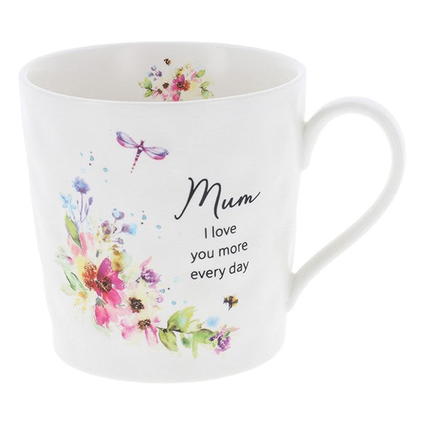 Wildflower Blossom Porcelain Mug for Mum with floral spray image and text that reads - Mum I love you more every day