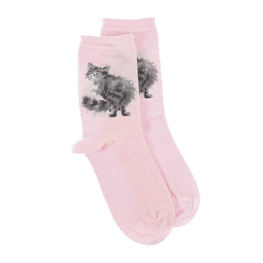Pink socks with grey cat and white dots