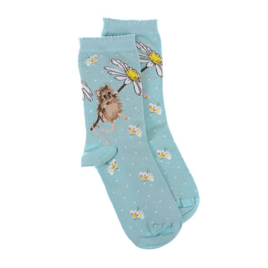 Aqua socks with mouse and daisy print