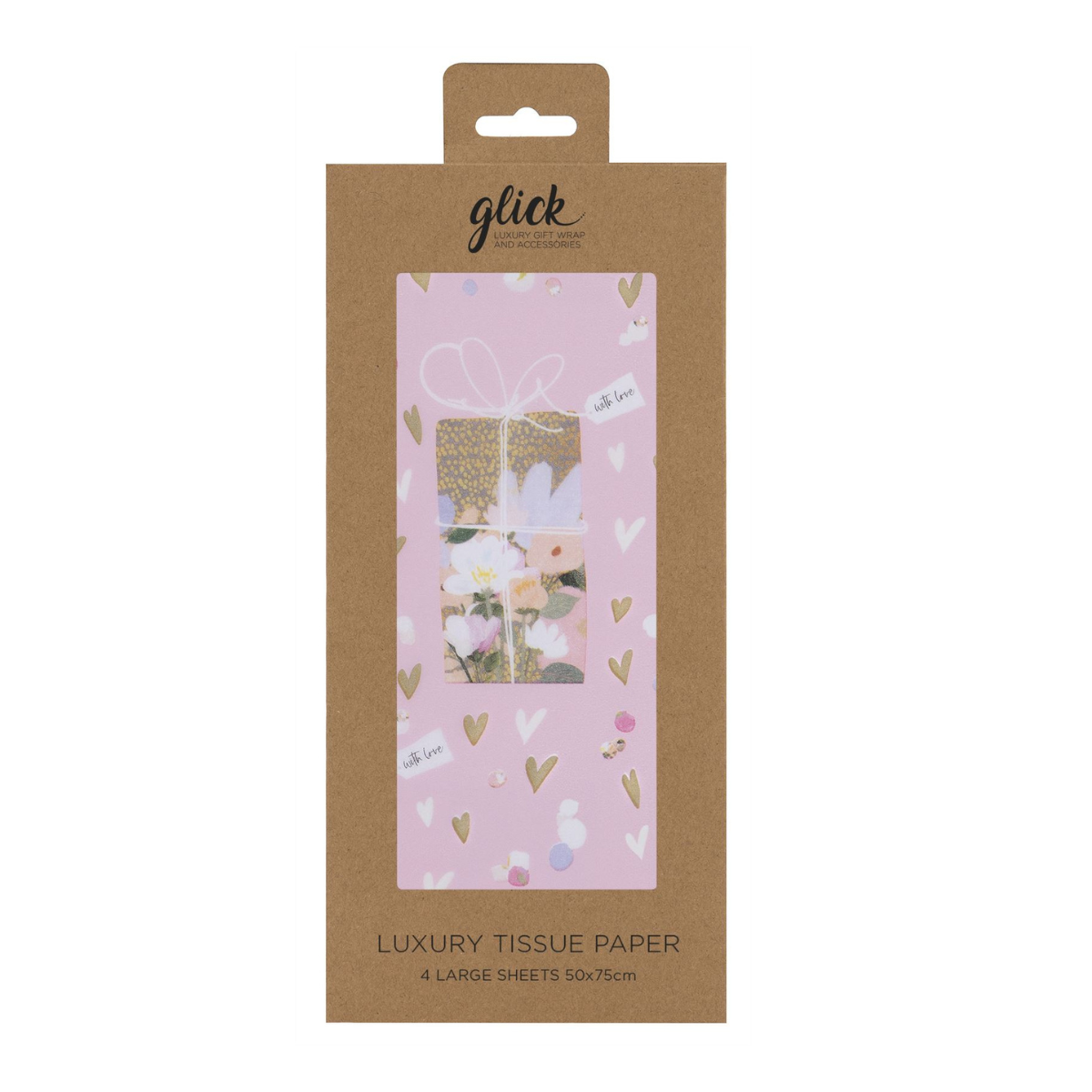 Pink tissue paper with floral presents and gold hearts in kraft packaging.