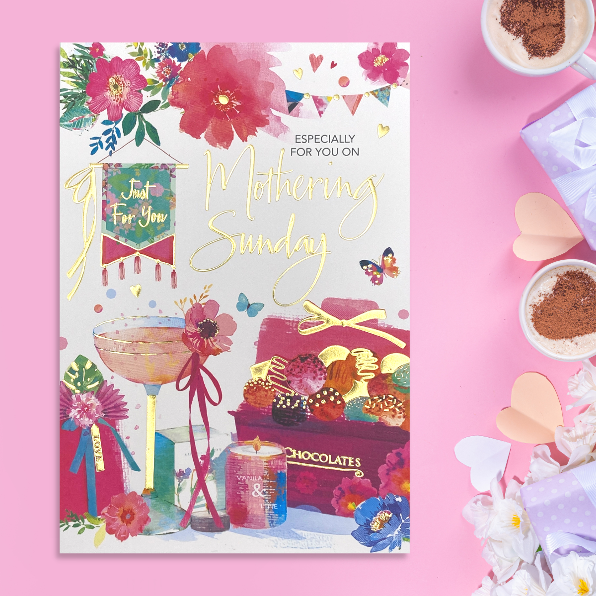 Open Mother's Day Card - Chocolates, Candle & Fizz
