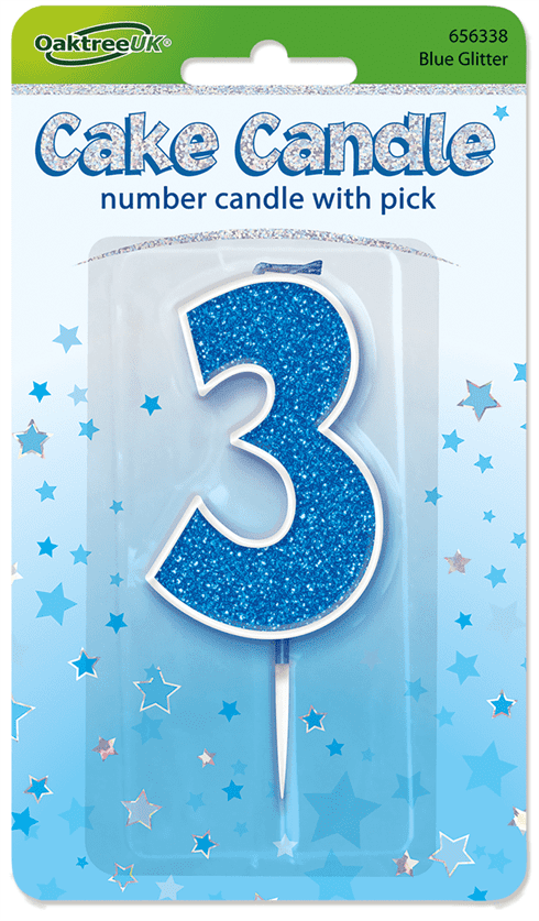 Blue Glitter Cake Candle - Number 3