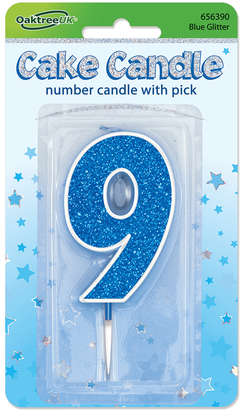 Blue Glitter Cake Candle - Number 9