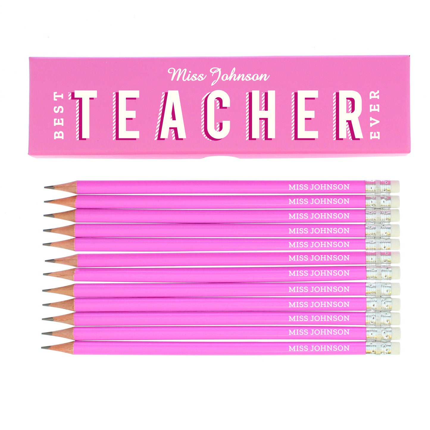 Personalised Best Teacher Ever Box & 12 Pink HB Pencils