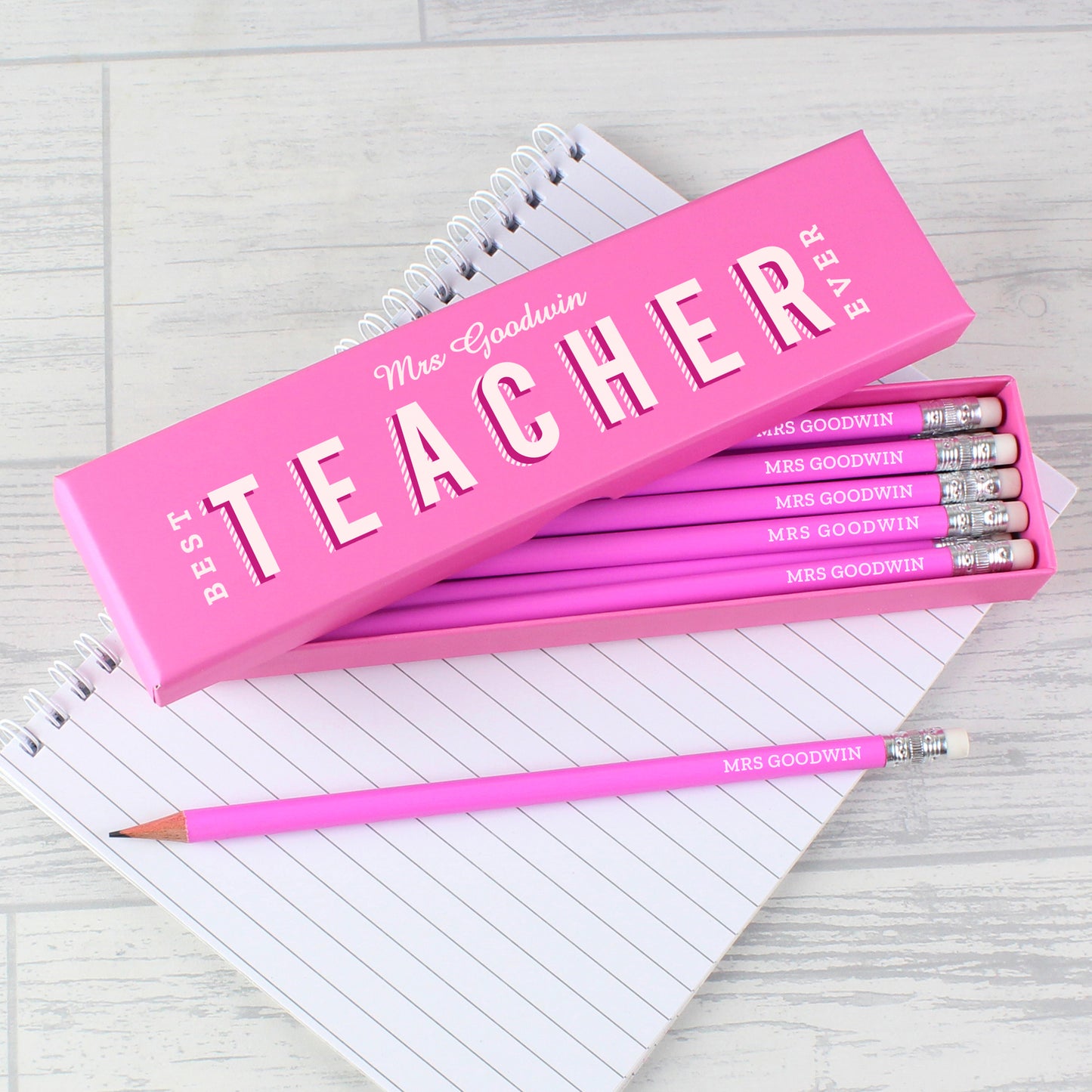 Personalised Best Teacher Ever Box & 12 Pink HB Pencils