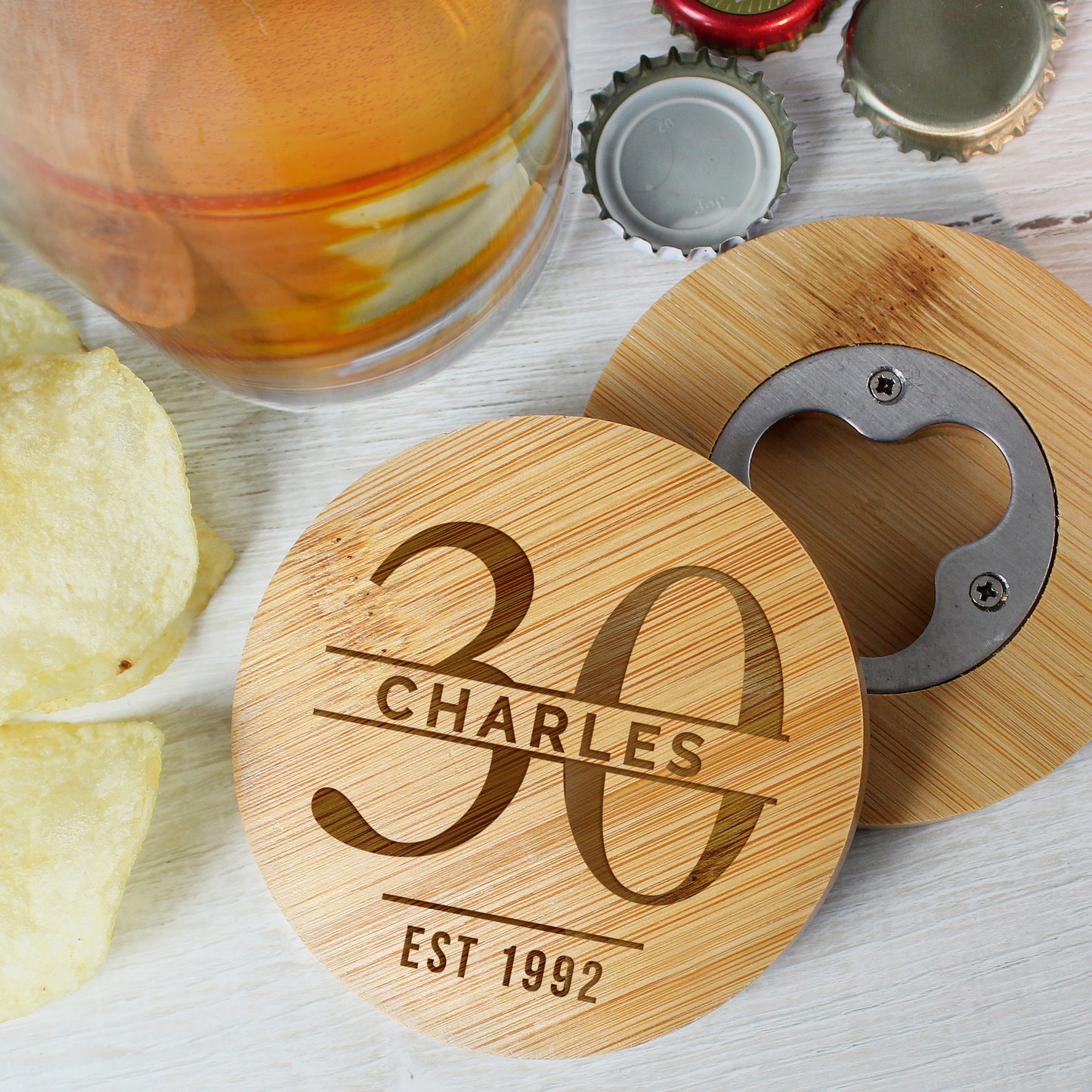 Personalised 30th Bamboo Bottle Opener & Coaster