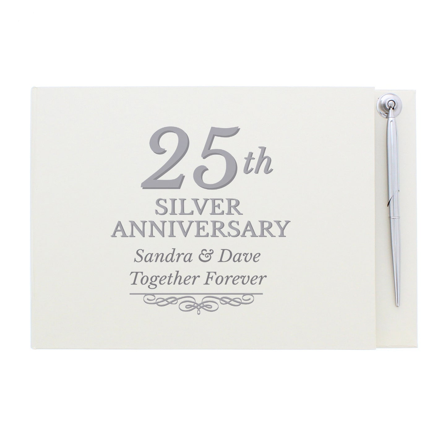 Silver 25th Anniversary Gift - Personalised Hardback Guest Book & Pen