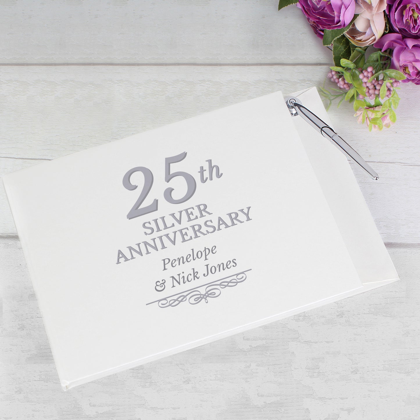 Silver 25th Anniversary Gift - Personalised Hardback Guest Book & Pen