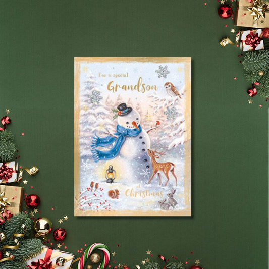 Grandson Christmas Card - Snowman & Woodland Animals