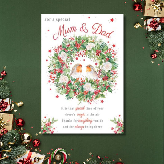 Mum & Dad Christmas Card - Robin Wreath