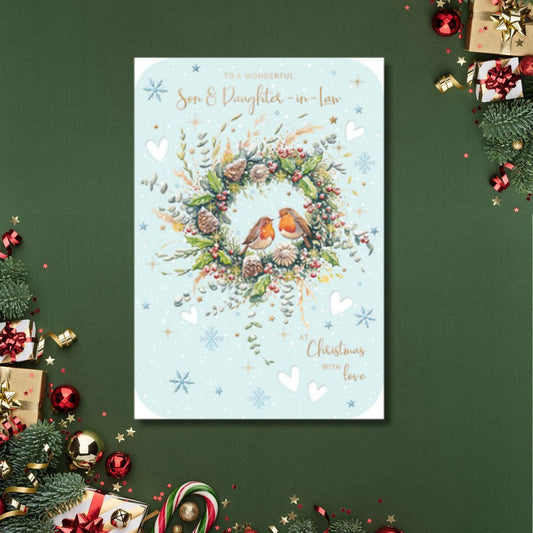 Son & Daughter In Law Christmas Card - Red Robin Wreath