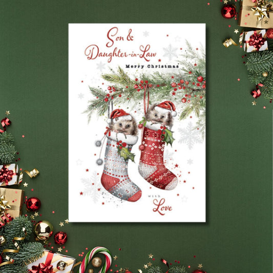 Son & Daughter-In-Law Christmas Card - Hedgehog Stockings