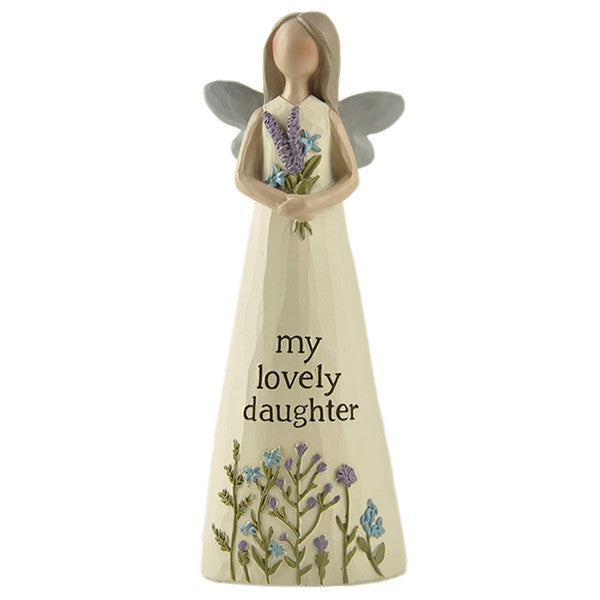 Feather & Grace ceramic angel for Daughter in ivory with silver grey wings. Holding a spray of wild flowers and with text reading - my lovely daughter.