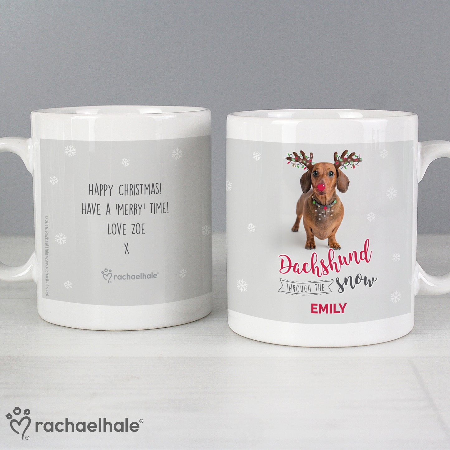 Personalised Rachael Hale Dachshund Through the Snow Mug