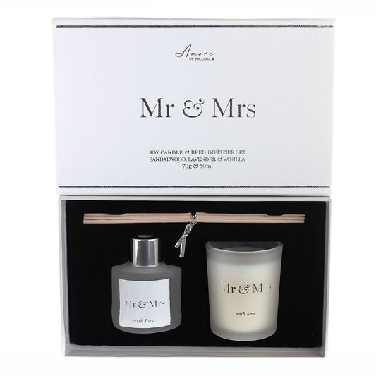 Mr & Mrs Candle & Reed Diffuser set presented in white gift box with silver foil text