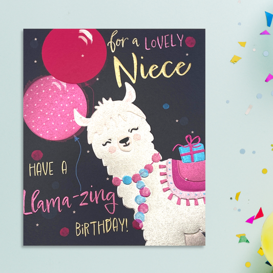 Square card with birght pink balloons and llama with gift