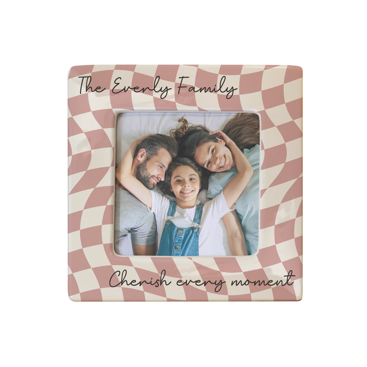 Checkered photo frame with family photo and text 'The Everly Family Cherish every moment' on a white background