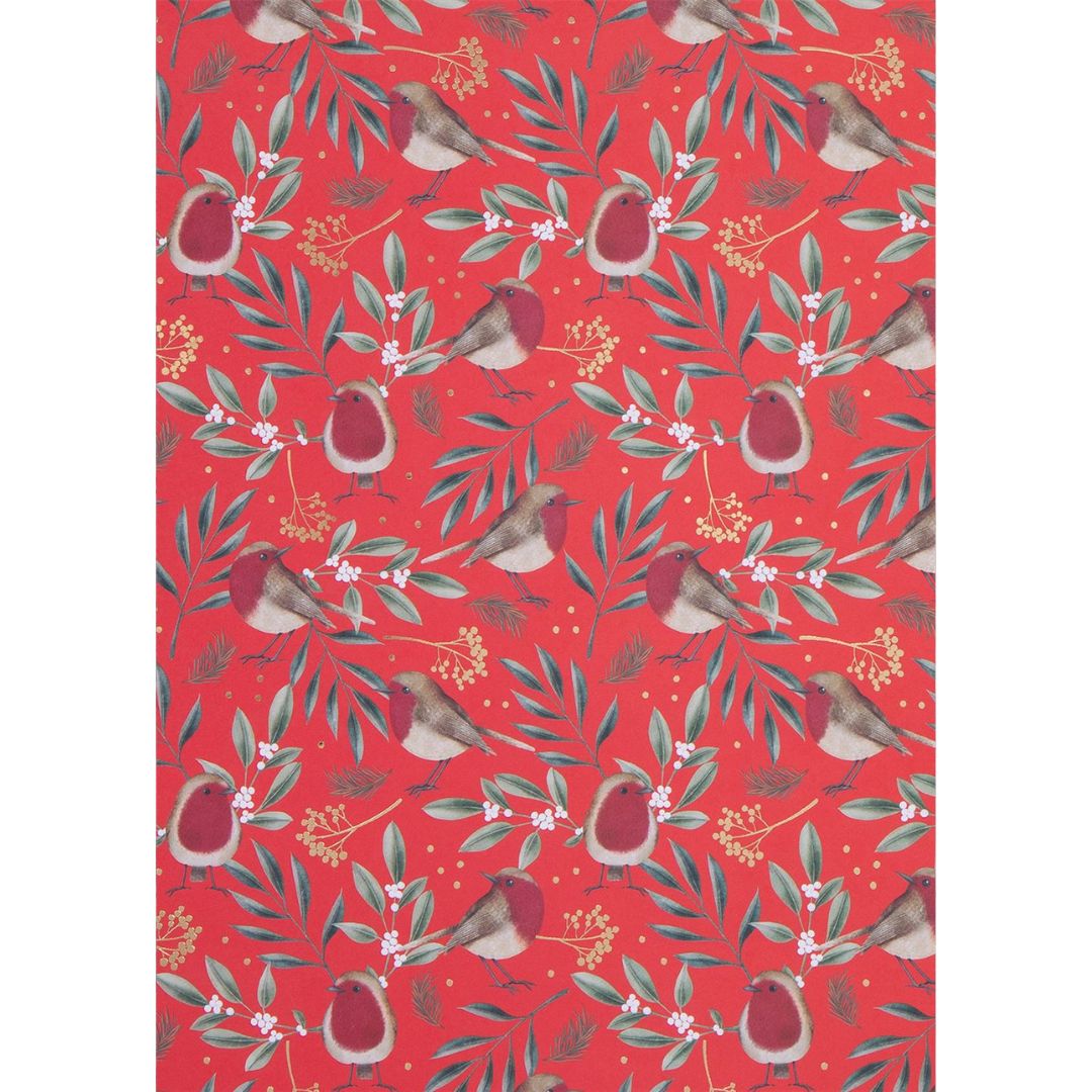 Red wrapping paper with robins and foliage with gold foil berries