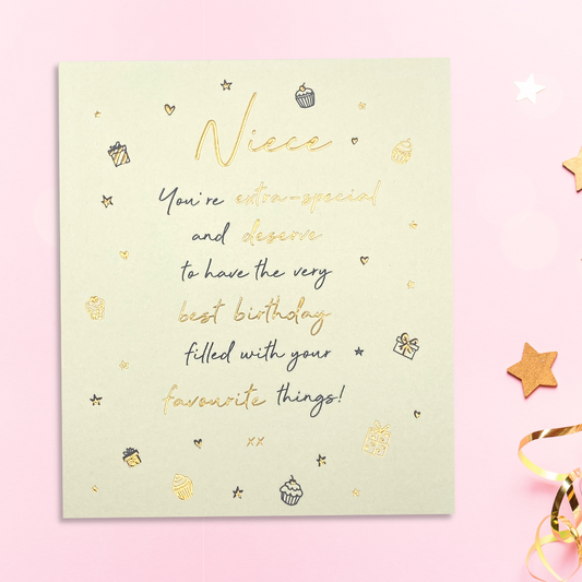 Cream square card with doodle gifts and cakes with gold foil verse