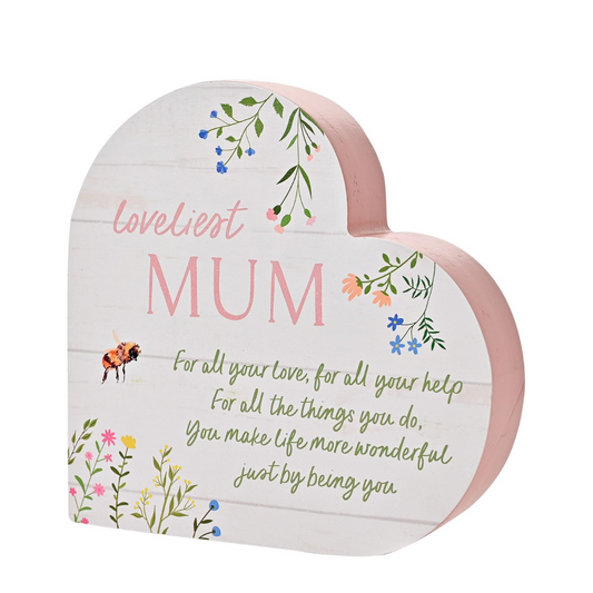 White heart shaped block plaque with flowers and bees, pink reverse and heartfelt words