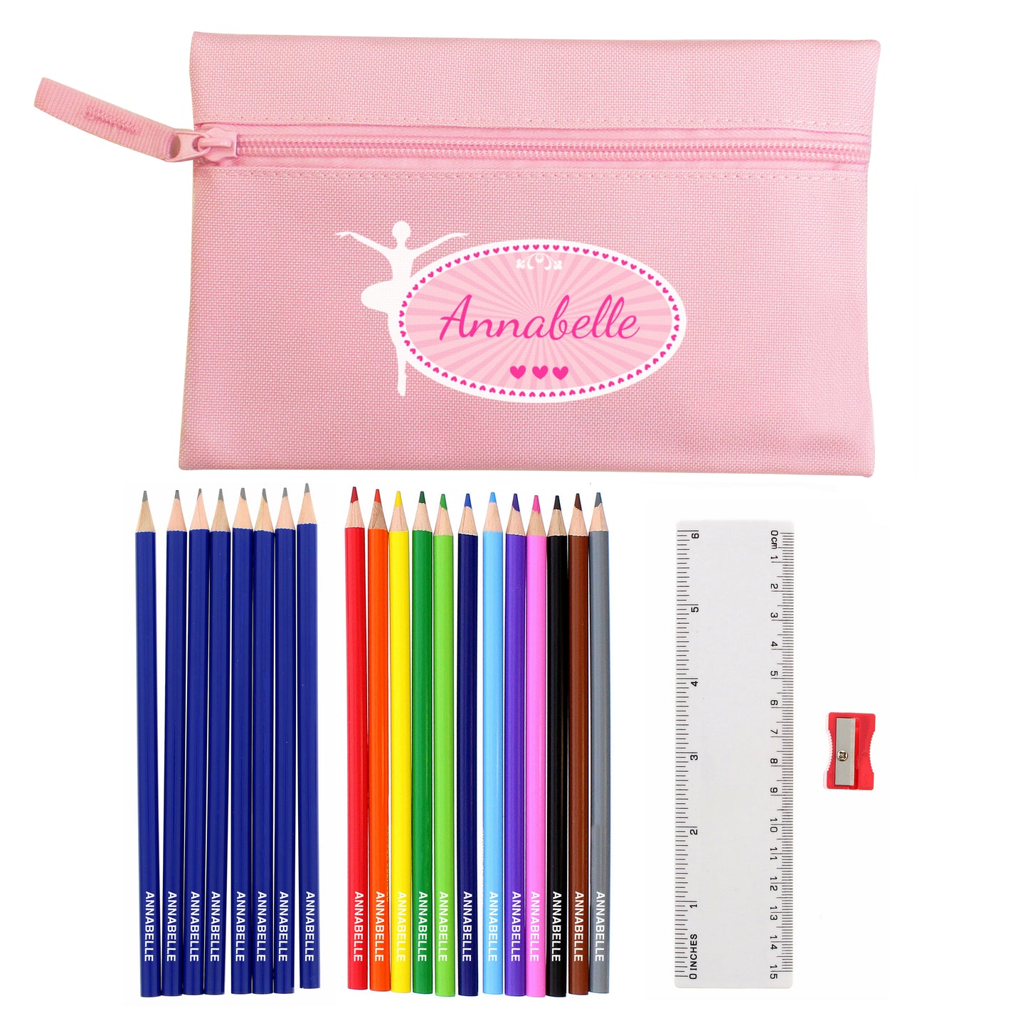 Pink pencil case with personalised design, coloured pencils, ruler, and sharpener on a white background