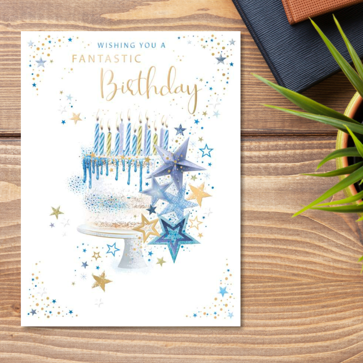 Traditional Birthday Card - Blue & Gold Cake