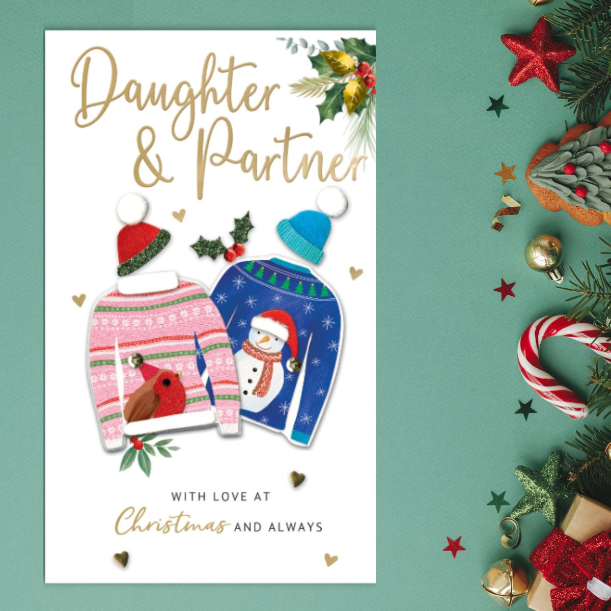 Daughter & Partner Christmas Card - Festive Jumpers Embellished