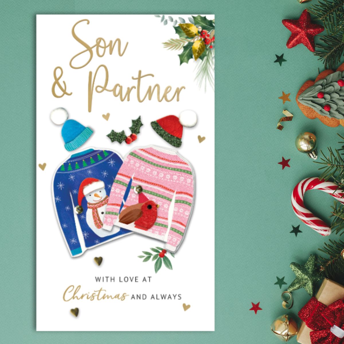 Son & Partner Christmas Card - Festive Jumpers Embellished