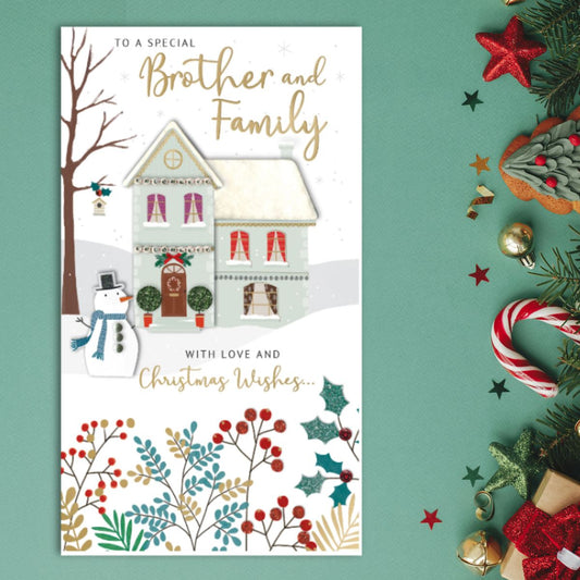 Brother & Family Christmas Card - Snowy House Embellished
