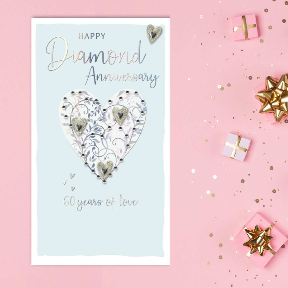 Happy 60th Wedding Anniversary Card - Champagne Decoupage Heart