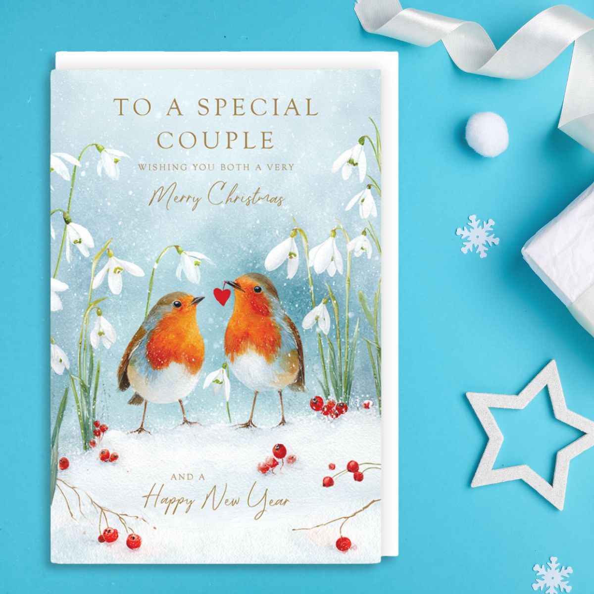 Special Couple Christmas Card - Robins & Snowdrops
