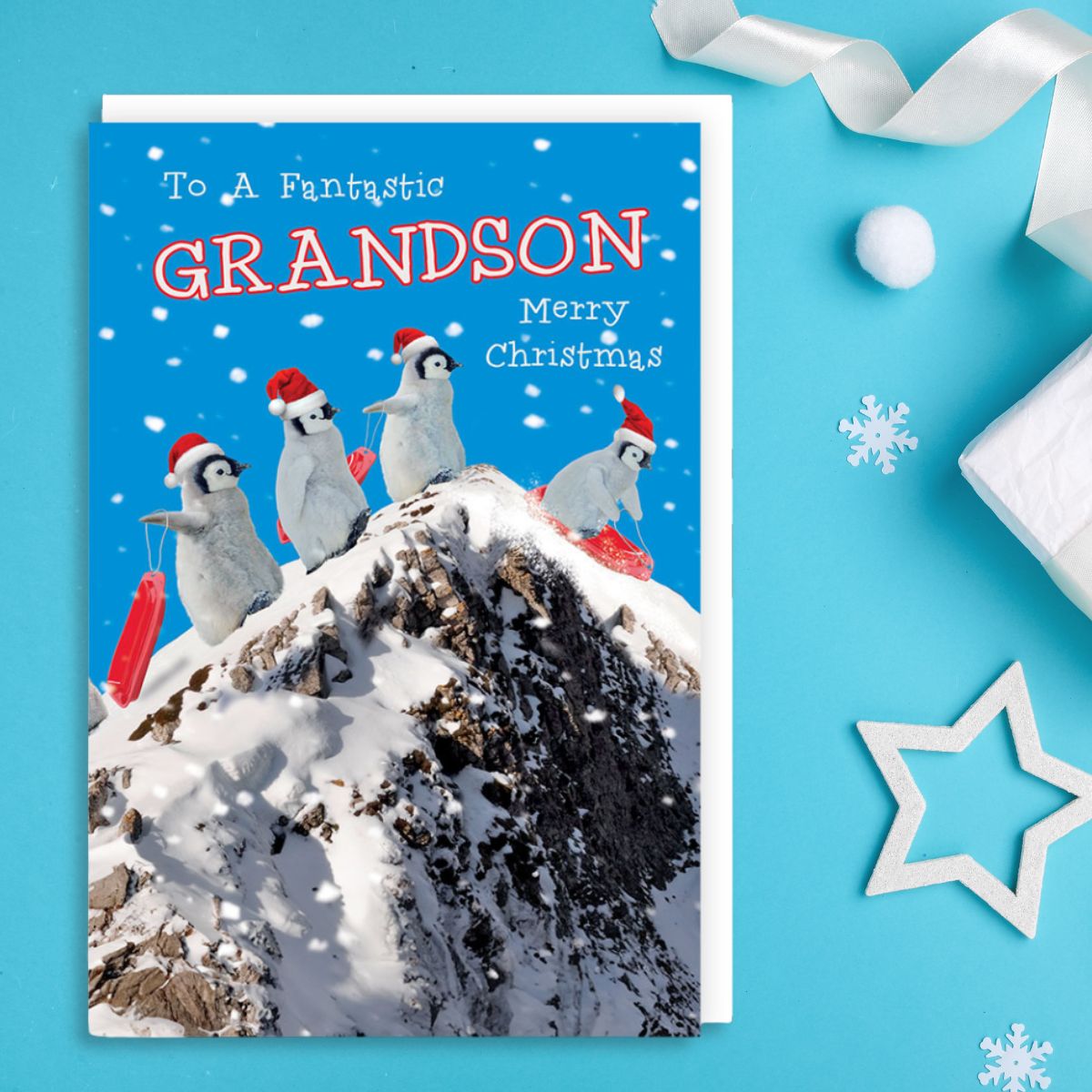 Grandson Christmas Card - Sledging Penguins
