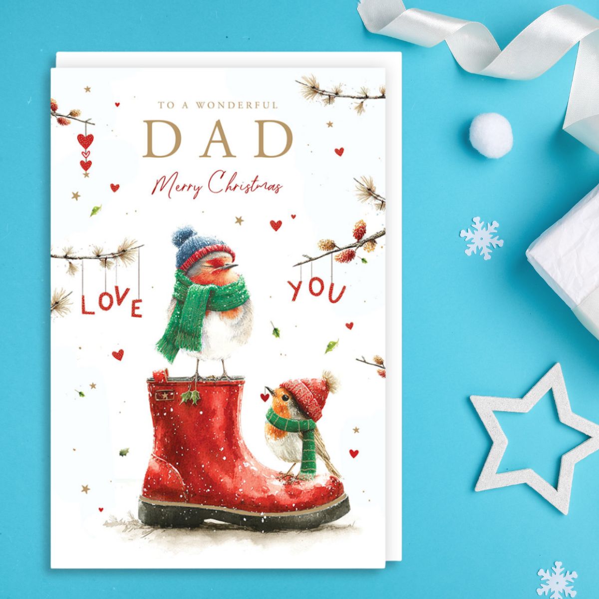 Dad Christmas Card - Robins On Wellies