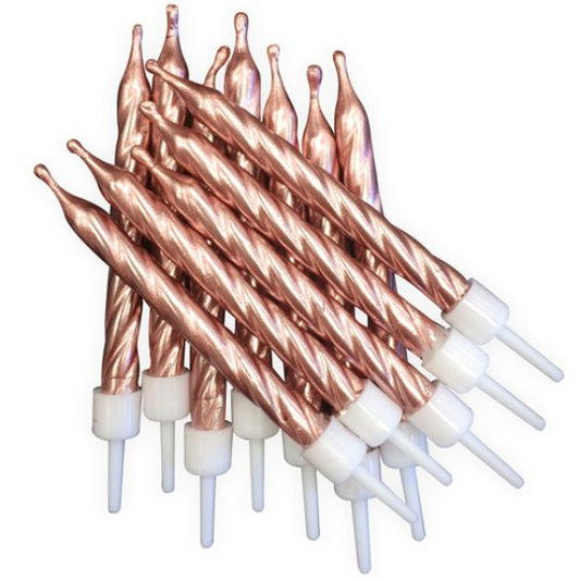 Rose Gold Cake Candles With Holders - 12 Pack